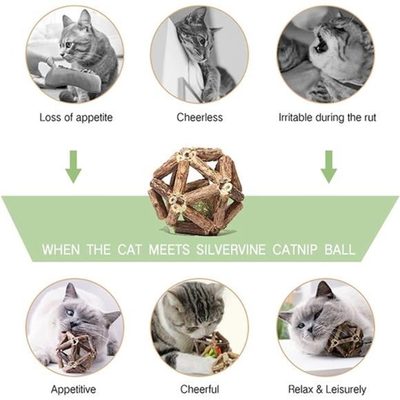 Catnip Toys-2Pcs Natural Silvervine Stick Catnip Ball&Bell Ball-Cat Toys - Picture 3 of 6